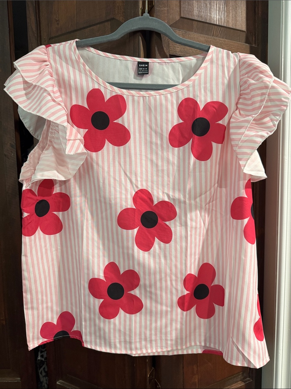 SHEIN Pink Stripe Top with Red Floral Prints